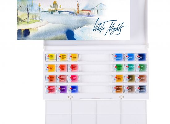 Set d’aquarelle 24 couleurs extra-fine en godet de 2.5ml White Nights de Nevskaya Palitra